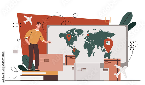 International parcel transfers. Man standing near cardboard boxes. International market, global business. Export and import of goods. Cartoon flat vector illustration isolated on white background