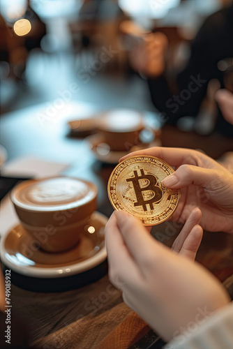 Bitcoin Investment in a Cafe - A person holding a bitcoin coin, symbolizing digital currency investment and financial innovation, set against a cafe background