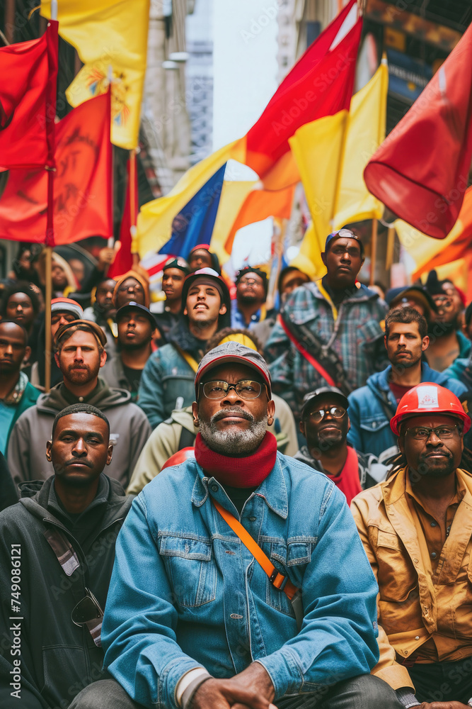 Vibrant Celebration of International Workers' Day - A festive photo capturing a group of workers united in celebration, their camaraderie and solidarity symbolized by flags and banners