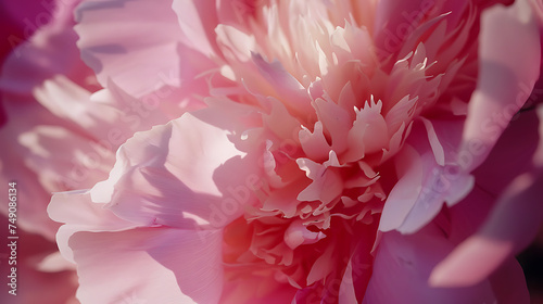 Detalhes intrincados de uma peônia rosa em plena floração iluminados por uma suave luz natural photo