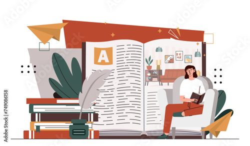 Woman with literature. Love for reading. Useful hobby and leisure. Young girl sitting at armchair with book. Education and learning. Cartoon flat vector illustration isolated on white background