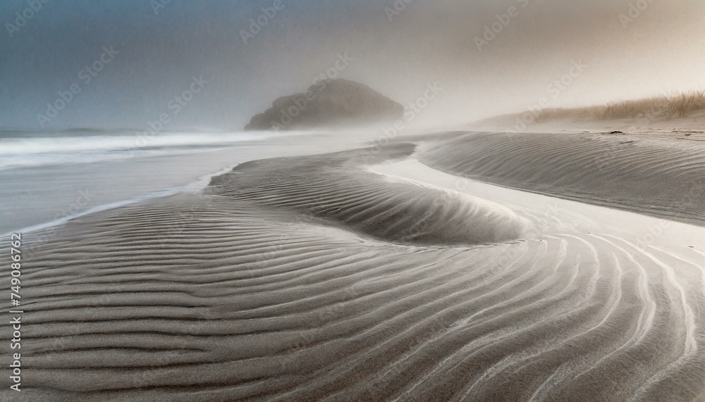 shapes on the sand, beach waves in fog