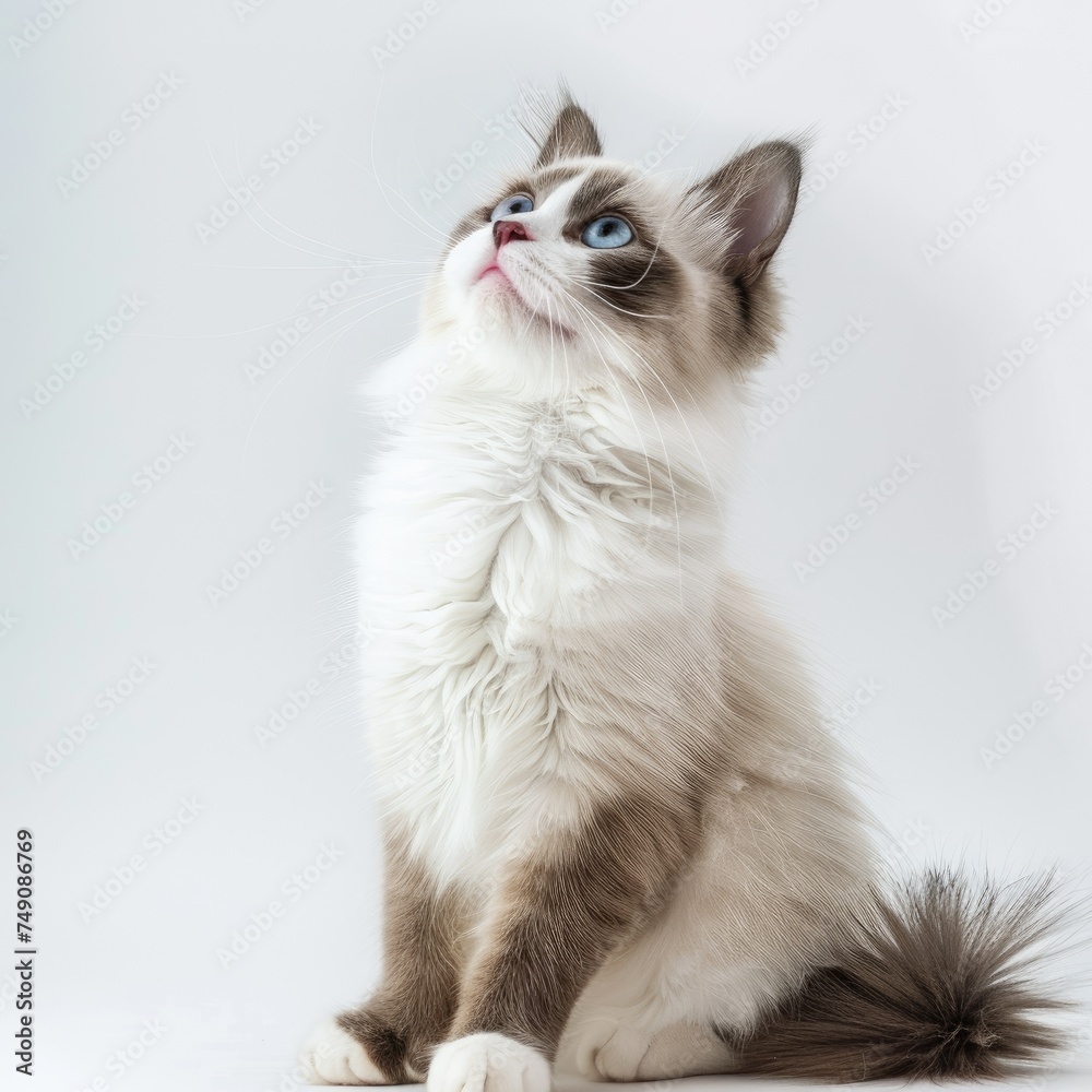 Elegant Ragdoll cat looking curiously upward - A beautiful Ragdoll cat with striking blue eyes and luxurious fur looking upward with curiosity and elegance
