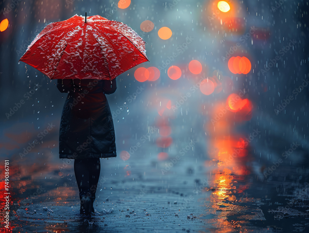 Person with Red Umbrella Walking in the Rain at Night