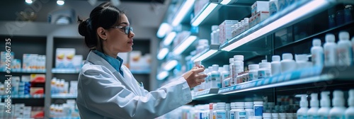 Pharmacist inspecting medication in pharmacy - An image showcasing a focused pharmacist examining a bottle of medicine among well-stocked pharmacy shelves, highlighting healthcare and precision