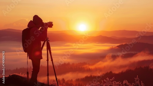Photographer silhouetted against a stunning dawn - Silhouetted against the soft pre-dawn light, a photographer captures the tranquil beauty of the sunrise over foggy mountains