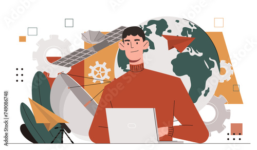 Meteorologist with laptop. Man writing forecasts and predictions about weather. Meteorology and newcasts, information. Cartoon flat vector illustration isolated on white background