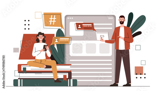 People with microblogging. Man and woman with stack of books and digital tablet. Young guy and girl create interesting content for websites and social networks. Cartoon flat vector illustration