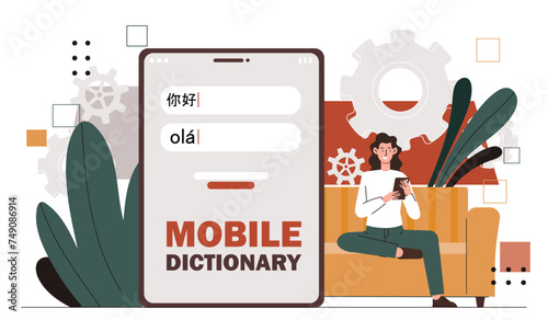 Woman with mobile dictionary. Young girl with smartphone look at vocabulary. Student learn foreign language. Education and training. Cartoon flat vector illustration isolated on white background photo