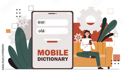 Woman with mobile dictionary. Young girl with smartphone look at vocabulary. Student learn foreign language. Education and training. Cartoon flat vector illustration isolated on white background