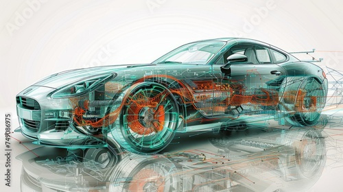 the internal structure of the car. High-resolution 3D rendering of a sports car with detailed internal mechanical components
