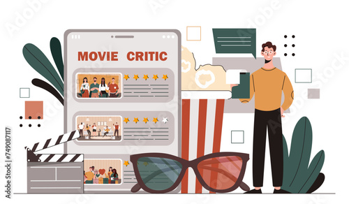 Movie critic concept. Young guy with 3D glasses and pop corn near electronic digital tablet. Character give reviews to fims and series. Cinema industry. Cartoon flat vector illustration