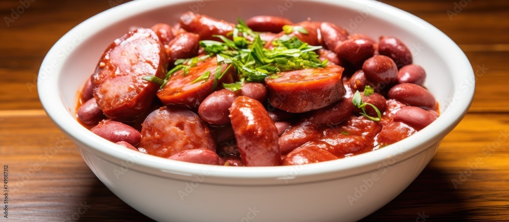 A white bowl sits on a wooden table, filled with red beans and sausages cooked in tomato paste. The ingredients are neatly arranged, creating a visually appealing and appetizing display. A white bowl sits on a wooden table, filled with red beans and sausages cooked in tomato paste. The ingredients are neatly arranged, creating a visually appealing and appetizing display.