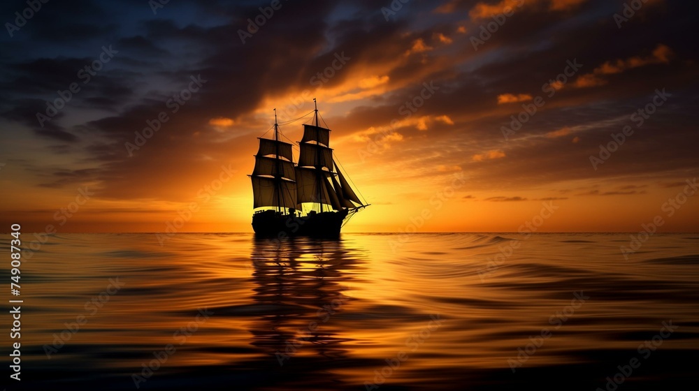 Fototapeta premium Majestic Sailing Ship Silhouette Against Stunning Sunset on Ocean Horizon