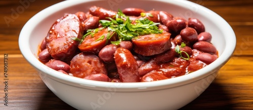 A white bowl sits on a wooden table, filled with red beans and sausages cooked in tomato paste. The ingredients are neatly arranged, creating a visually appealing and appetizing display.