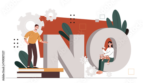 People with refusal concept. Man and woman near big inscription no. Communication and interaction. Poster or banner. Cartoon flat vector illustration isolated on white background