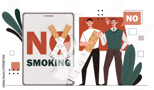 No smoking concept. Two men with cigarettes near smarrtphone. Refusal from tobacco and nicotine. Healthy lifestyle without bad habits. Cartoon flat vector illustration isolated on white background