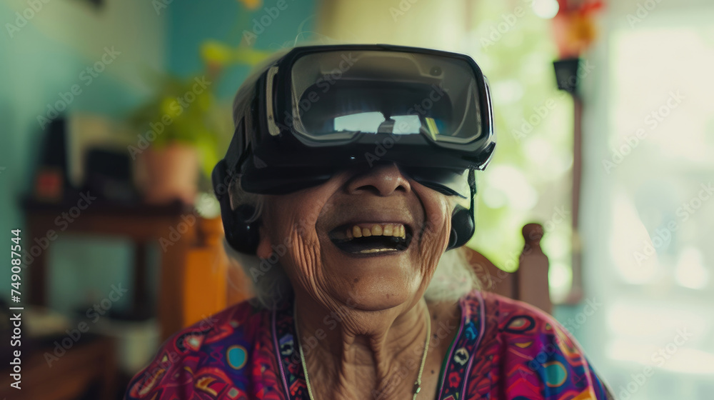 Portrait of an elderly Latina woman wearing virtual reality glasses laughing happily inside her home