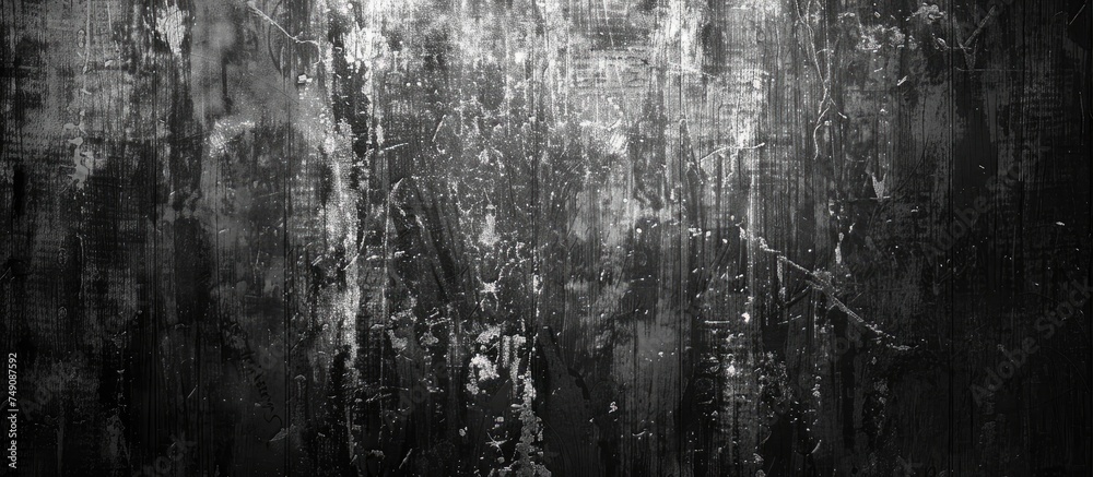 The black and white photograph showcases a grungy wall filled with dust, scratches, and textures. The aged and weathered surface of the wall adds depth and character to the image.
