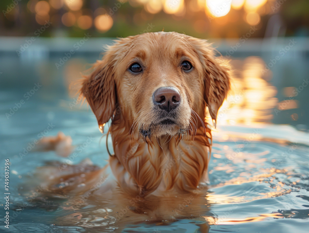 Golden Retriever Swimming in Pool at Sunset Golden Retriever Swimming in Pool at Sunset