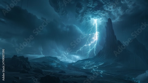 A dramatic lightning bolt strikes the earth, illuminating a dark, ominous landscape