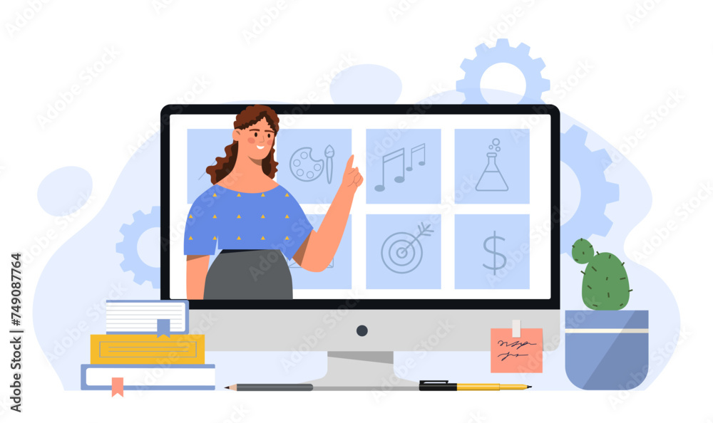 Online learning concept. Woman at computer monitor or display. Distant education and training. Teacher gives lecture on internet. Cartoon flat vector illustration isolated on white background