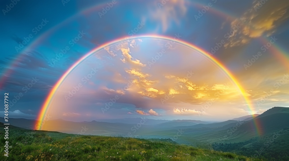 A dramatic double rainbow arcs across the sky, illuminating a tranquil countryside