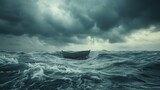 Under a brooding sky, a lone boat drifts aimlessly on the choppy waters of a turbulent ocean