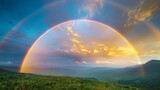 A dramatic double rainbow arcs across the sky, illuminating a tranquil countryside