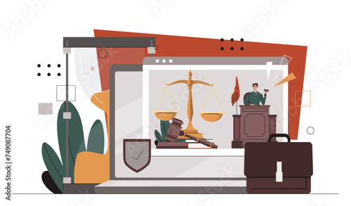 Online court session. Man near jidges gavel and weights. Lawyer at workplace. Laws and regulations, legal support for agreements. Cartoon flat vector illustration isolated on white background