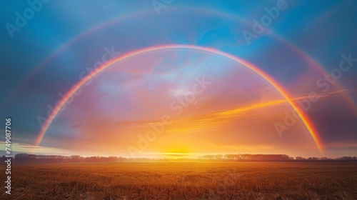 Across the sky, a tranquil countryside is illuminated by a dramatic double rainbow's arcing presence