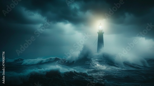 Amidst the turmoil of a stormy night, a lone lighthouse serves as a steadfast sentinel, braving the crashing waves and tumultuous seas photo