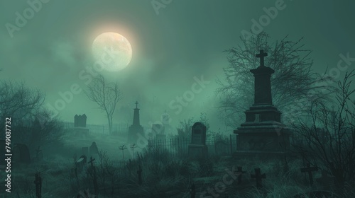 Eerie shadows are cast as a hauntingly beautiful full moon rises above a fog-covered graveyard