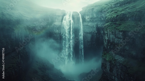 In a picturesque scene, towering cliffs and misty rainbows encircle a majestic waterfall crashing down into a chasm