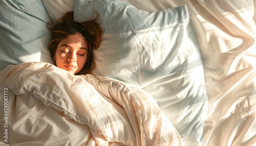 woman laying in bed morning sunlight comfy cozy pillows bed sheets comforter hotel motel bedroom 