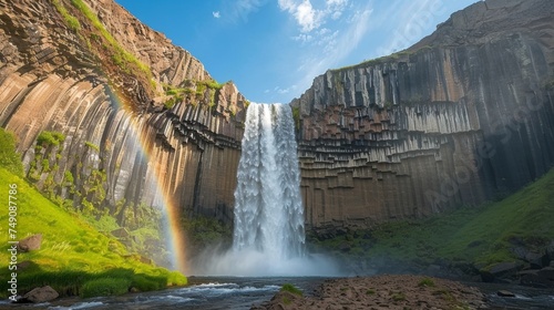 Towering cliffs and misty rainbows form a frame for the majestic waterfall crashing down into a chasm.