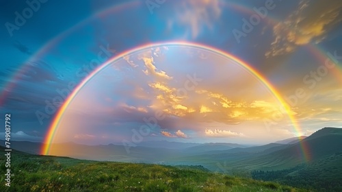 A dramatic double rainbow arcs across the sky, illuminating a tranquil countryside © Lerson