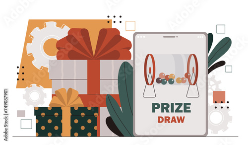 Online random prize draw. Mobile application for lottery. Awards and rewards for loyal customers and clients. Electronic commerce. Cartoon flat vector illustration isolated on white background