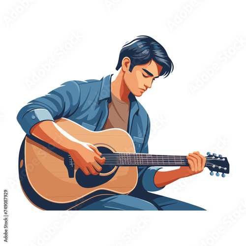 Musician man playing guitar acoustic vector illustration, male guitarist performing music, String instrument player design template isolated on white background