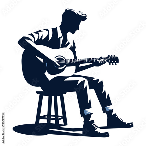 Musician man playing guitar acoustic vector illustration, male guitarist performing music, String instrument player design template isolated on white background
