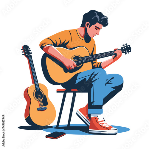Musician man playing guitar acoustic vector illustration, male guitarist performing music, String instrument player design template isolated on white background