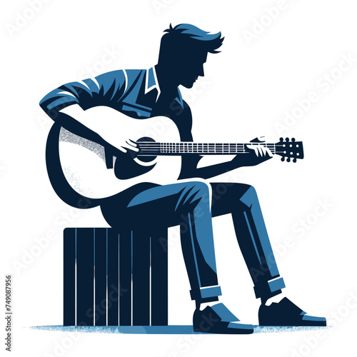 Musician man playing guitar acoustic vector illustration, male guitarist performing music, String instrument player design template isolated on white background