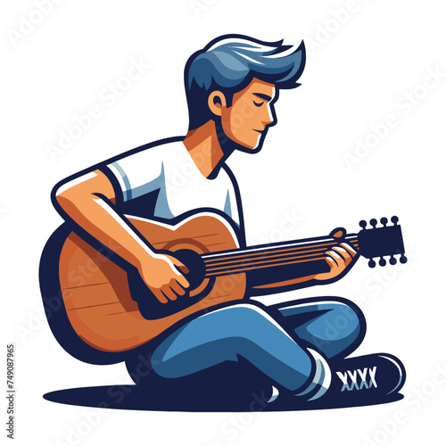 Musician man playing guitar acoustic vector illustration, male guitarist performing music, String instrument player design template isolated on white background