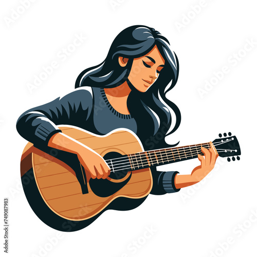 Musician woman playing guitar acoustic vector illustration, female guitarist performing music, String instrument player design template isolated on white background