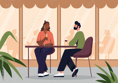 Open air restaurant concept. Man and woman sitting at table with alcoholic drinks. Romantic meeting. Young couple with drinks in glasses. Love, care and romance. Cartoon flat vector illustration