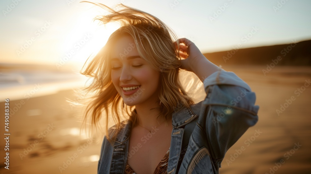 Fashion girl on the beach at sunset