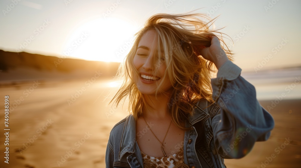 Fashion girl on the beach at sunset Fashion girl on the beach at sunset