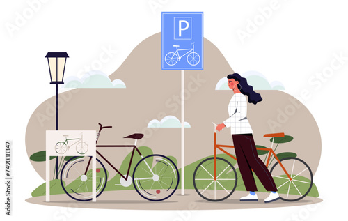Woman parking bicycles. Young girl with cycles. Eco friendly transport. Care about ecology and environment. Active lifestyle and leisure. Cartoon flat vector illustration isolated on white background