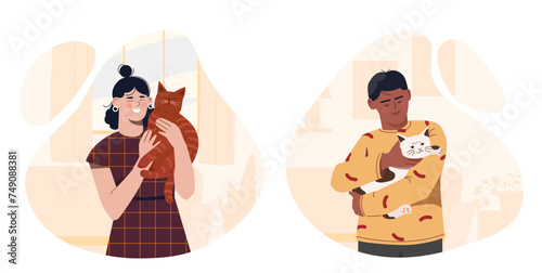 People and their pets set. Man and woman with white and orange cat. Care about domestic animals. Love and support for kitten. Cartoon flat vector collection isolated on white background