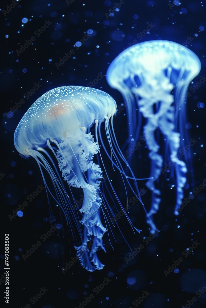 A fantasy illustration of jellyfish underwater. 